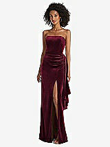 Front View Thumbnail - Cabernet Strapless Velvet Maxi Dress with Draped Cascade Skirt