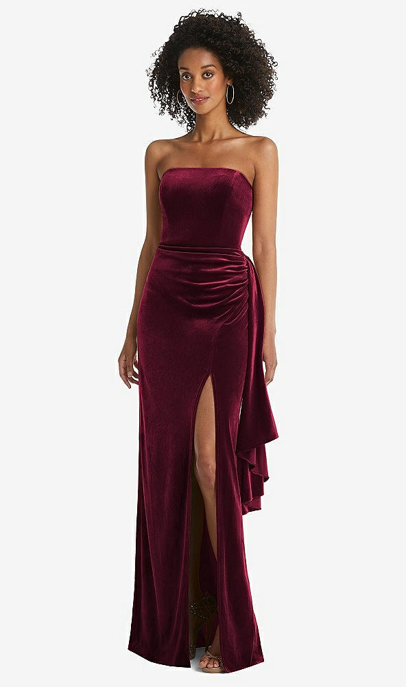 Front View - Cabernet Strapless Velvet Maxi Dress with Draped Cascade Skirt