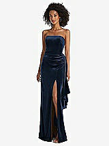 Front View Thumbnail - Midnight Navy Strapless Velvet Maxi Dress with Draped Cascade Skirt