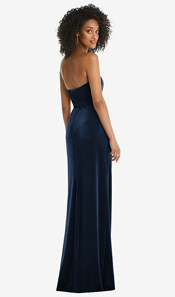 Back View - Midnight Navy Strapless Velvet Maxi Dress with Draped Cascade Skirt