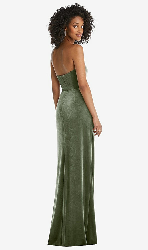 Back View - Sage Strapless Velvet Maxi Dress with Draped Cascade Skirt