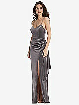 Front View Thumbnail - Caviar Gray Spaghetti Strap Velvet Maxi Dress with Draped Cascade Skirt