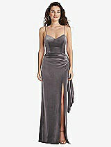 Side View Thumbnail - Caviar Gray Spaghetti Strap Velvet Maxi Dress with Draped Cascade Skirt