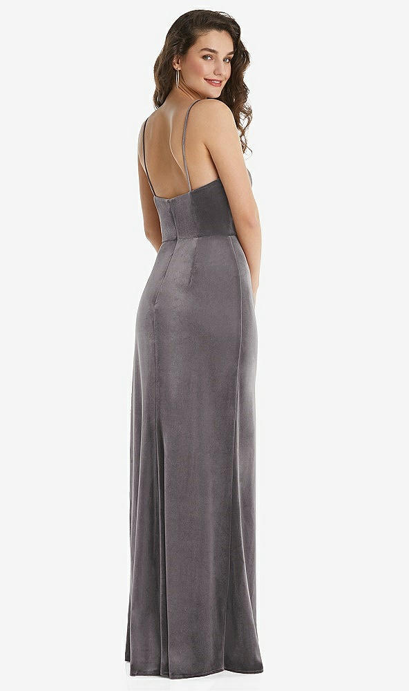 Back View - Caviar Gray Spaghetti Strap Velvet Maxi Dress with Draped Cascade Skirt