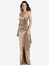 Front View Thumbnail - Topaz Spaghetti Strap Velvet Maxi Dress with Draped Cascade Skirt