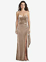 Side View Thumbnail - Topaz Spaghetti Strap Velvet Maxi Dress with Draped Cascade Skirt