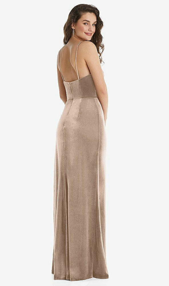 Back View - Topaz Spaghetti Strap Velvet Maxi Dress with Draped Cascade Skirt