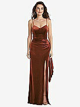 Side View Thumbnail - Auburn Moon Spaghetti Strap Velvet Maxi Dress with Draped Cascade Skirt