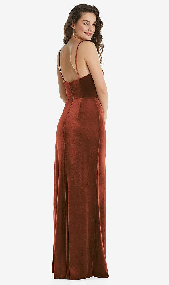 Back View - Auburn Moon Spaghetti Strap Velvet Maxi Dress with Draped Cascade Skirt