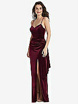 Front View Thumbnail - Cabernet Spaghetti Strap Velvet Maxi Dress with Draped Cascade Skirt