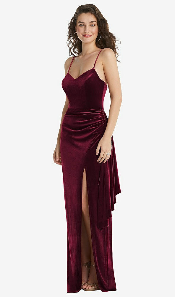 Front View - Cabernet Spaghetti Strap Velvet Maxi Dress with Draped Cascade Skirt