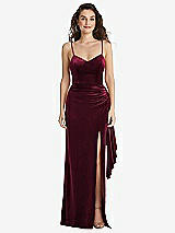 Side View Thumbnail - Cabernet Spaghetti Strap Velvet Maxi Dress with Draped Cascade Skirt