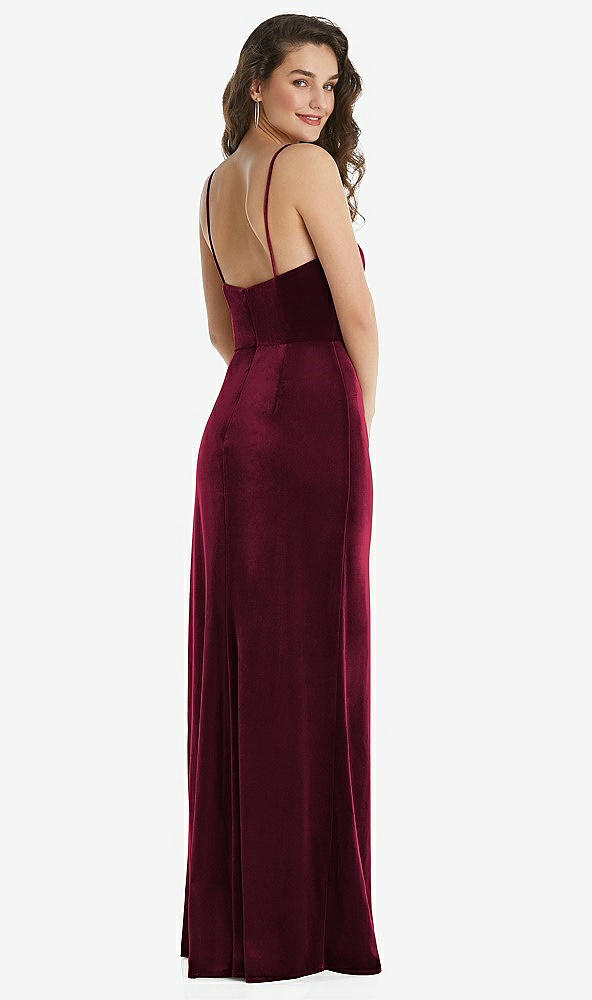 Back View - Cabernet Spaghetti Strap Velvet Maxi Dress with Draped Cascade Skirt