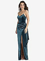 Front View Thumbnail - Dutch Blue Spaghetti Strap Velvet Maxi Dress with Draped Cascade Skirt