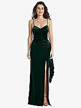 Side View Thumbnail - Evergreen Spaghetti Strap Velvet Maxi Dress with Draped Cascade Skirt