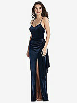 Front View Thumbnail - Midnight Navy Spaghetti Strap Velvet Maxi Dress with Draped Cascade Skirt