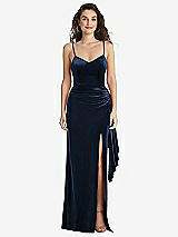 Side View Thumbnail - Midnight Navy Spaghetti Strap Velvet Maxi Dress with Draped Cascade Skirt