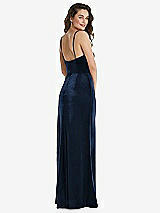 Rear View Thumbnail - Midnight Navy Spaghetti Strap Velvet Maxi Dress with Draped Cascade Skirt