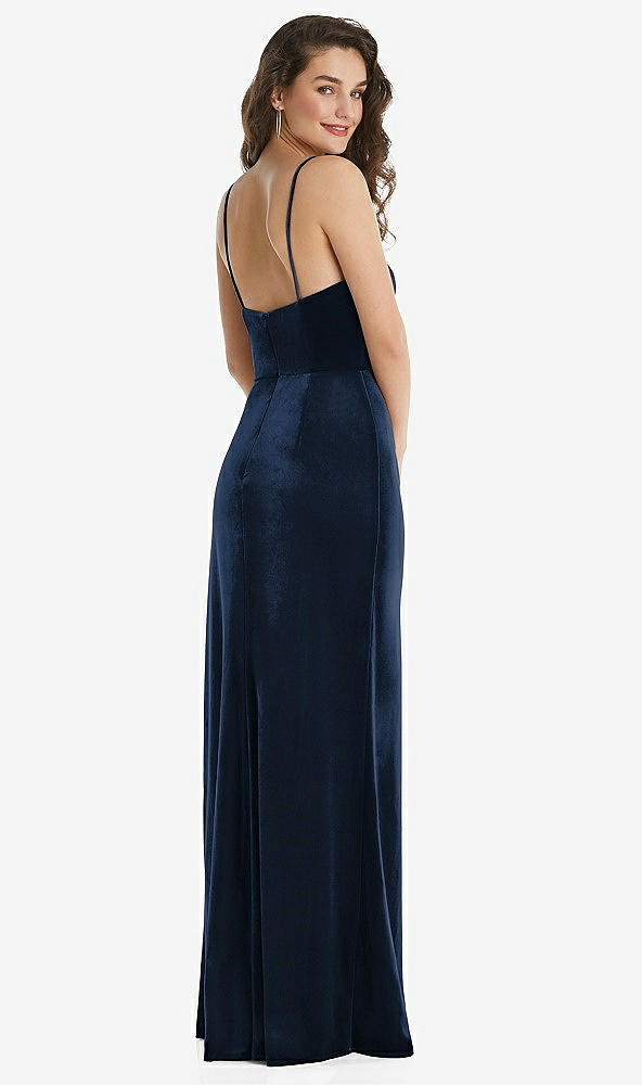 Back View - Midnight Navy Spaghetti Strap Velvet Maxi Dress with Draped Cascade Skirt