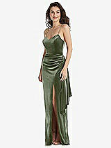 Front View Thumbnail - Sage Spaghetti Strap Velvet Maxi Dress with Draped Cascade Skirt