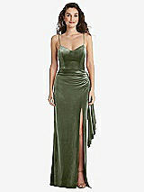 Side View Thumbnail - Sage Spaghetti Strap Velvet Maxi Dress with Draped Cascade Skirt