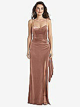 Side View Thumbnail - Tawny Rose Spaghetti Strap Velvet Maxi Dress with Draped Cascade Skirt