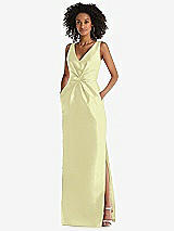 Front View Thumbnail - Butter Yellow Pleated Bodice Satin Maxi Pencil Dress with Bow Detail