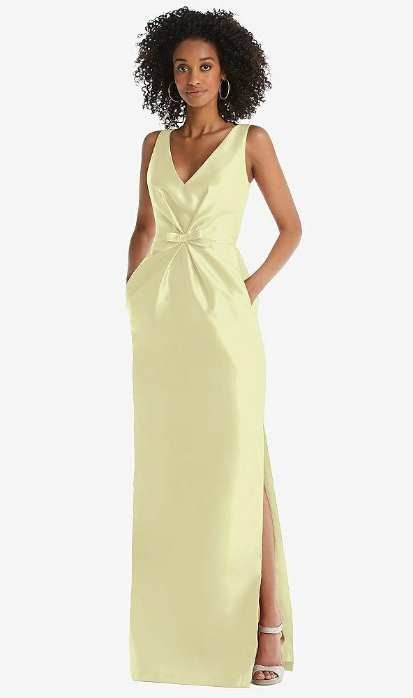 Front View - Butter Yellow Pleated Bodice Satin Maxi Pencil Dress with Bow Detail