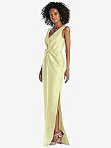 Side View Thumbnail - Butter Yellow Pleated Bodice Satin Maxi Pencil Dress with Bow Detail