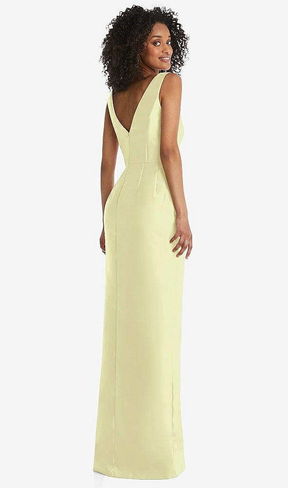 Back View - Butter Yellow Pleated Bodice Satin Maxi Pencil Dress with Bow Detail