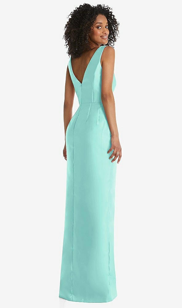 Back View - Coastal Pleated Bodice Satin Maxi Pencil Dress with Bow Detail