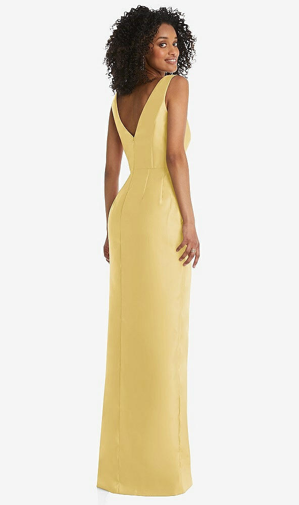 Back View - Maize Pleated Bodice Satin Maxi Pencil Dress with Bow Detail