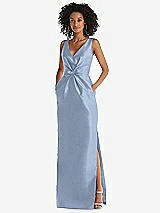 Front View Thumbnail - Cloudy Pleated Bodice Satin Maxi Pencil Dress with Bow Detail