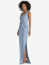 Side View Thumbnail - Cloudy Pleated Bodice Satin Maxi Pencil Dress with Bow Detail