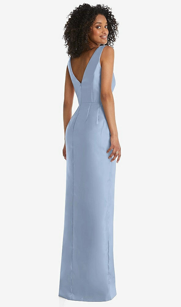 Back View - Cloudy Pleated Bodice Satin Maxi Pencil Dress with Bow Detail