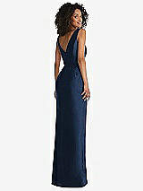 Rear View Thumbnail - Midnight Navy Pleated Bodice Satin Maxi Pencil Dress with Bow Detail