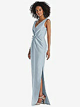 Side View Thumbnail - Mist Pleated Bodice Satin Maxi Pencil Dress with Bow Detail