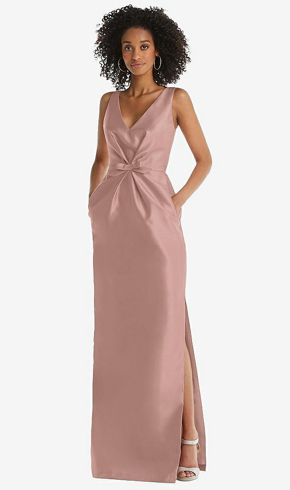 Front View - Neu Nude Pleated Bodice Satin Maxi Pencil Dress with Bow Detail