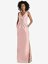 Front View Thumbnail - Rose Quartz Pleated Bodice Satin Maxi Pencil Dress with Bow Detail