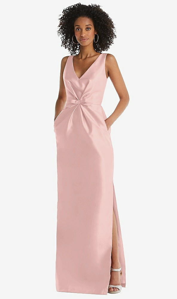 Front View - Rose Quartz Pleated Bodice Satin Maxi Pencil Dress with Bow Detail