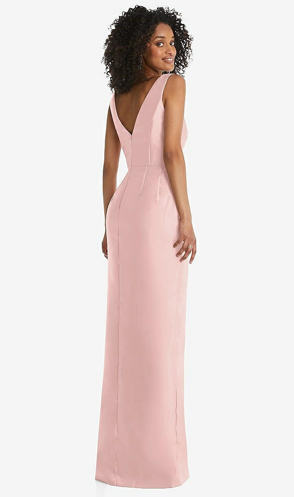 Back View - Rose Quartz Pleated Bodice Satin Maxi Pencil Dress with Bow Detail