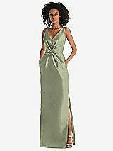 Front View Thumbnail - Sage Pleated Bodice Satin Maxi Pencil Dress with Bow Detail