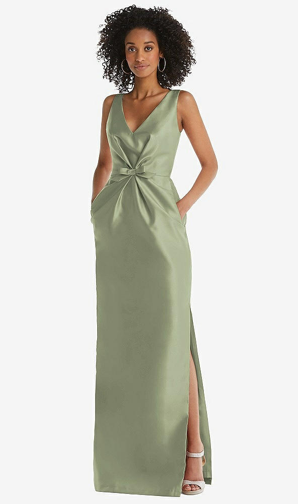 Front View - Sage Pleated Bodice Satin Maxi Pencil Dress with Bow Detail