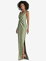 Side View Thumbnail - Sage Pleated Bodice Satin Maxi Pencil Dress with Bow Detail