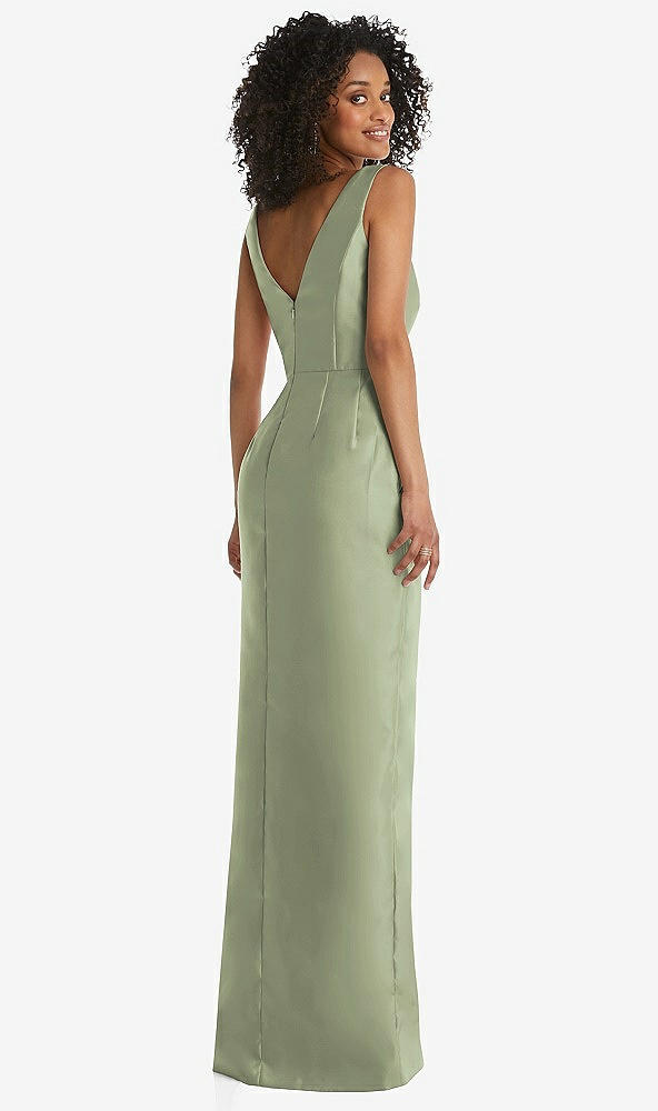 Back View - Sage Pleated Bodice Satin Maxi Pencil Dress with Bow Detail