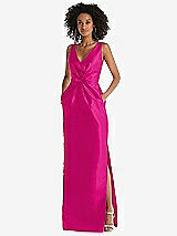 Front View Thumbnail - Think Pink Pleated Bodice Satin Maxi Pencil Dress with Bow Detail