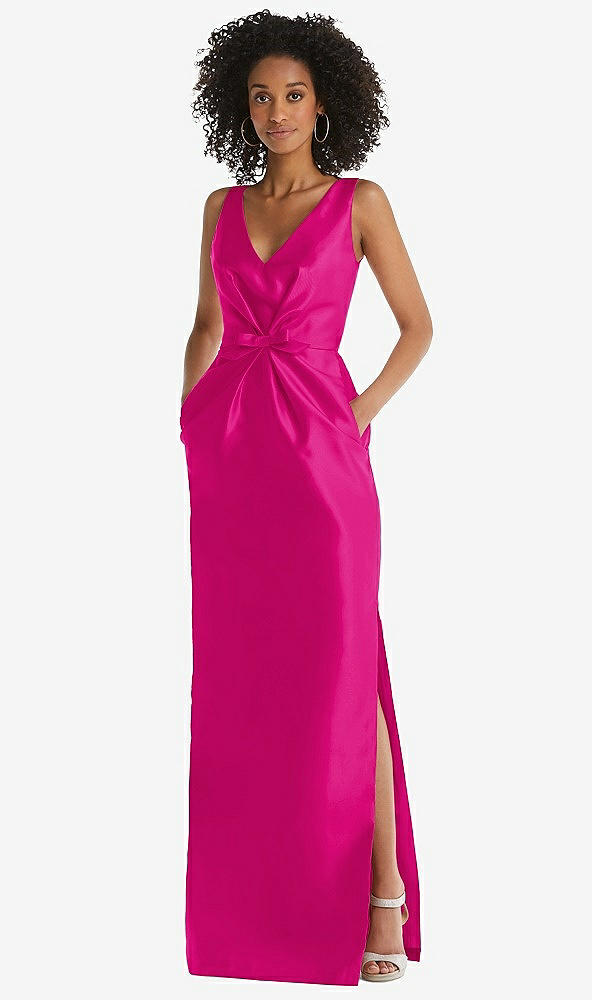 Front View - Think Pink Pleated Bodice Satin Maxi Pencil Dress with Bow Detail