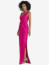 Side View Thumbnail - Think Pink Pleated Bodice Satin Maxi Pencil Dress with Bow Detail