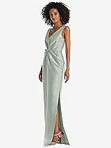 Side View Thumbnail - Willow Green Pleated Bodice Satin Maxi Pencil Dress with Bow Detail