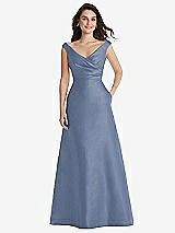 Front View Thumbnail - Larkspur Blue Off-the-Shoulder Draped Wrap Maxi Dress with Pockets